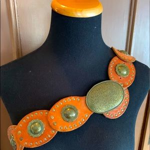 Real Genuine Tooled Leather & Brass Work Studded Belt Boho or Western Flare